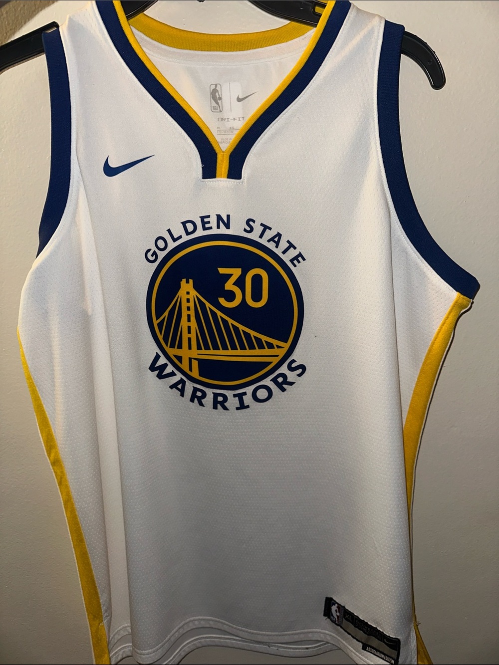 Nike White Golden State Warriors Jersey with Yellow and Navy Accents
